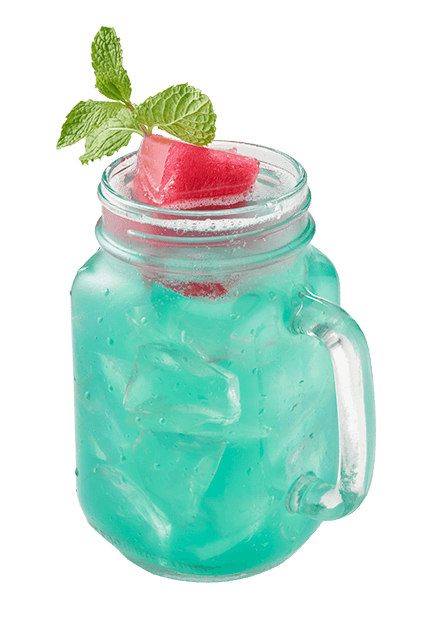 Blue Long Island iced tea in a mason jar glass with a handle topped with a cube of watermelon and mint garnish