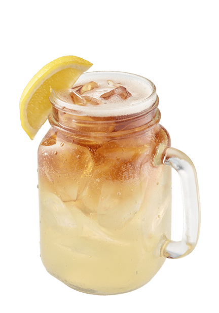 A dual-toned Long Island iced tea in a mason jar glass with a handle and a lemon wedge on the rim