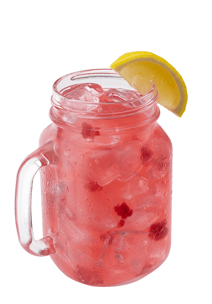 Strawberry lemonade inside a mason jar glass with a handle, with pieces of strawberries inside and a lemon wedge on the rim