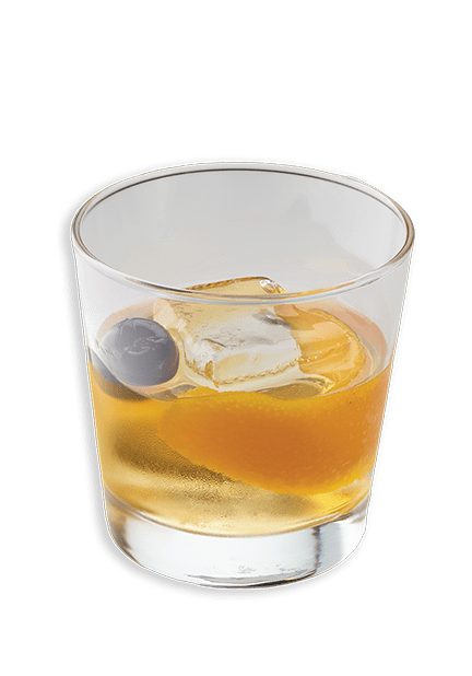 Classica Old Fashioned cocktail in a rocks glass with orange peel and a cherry