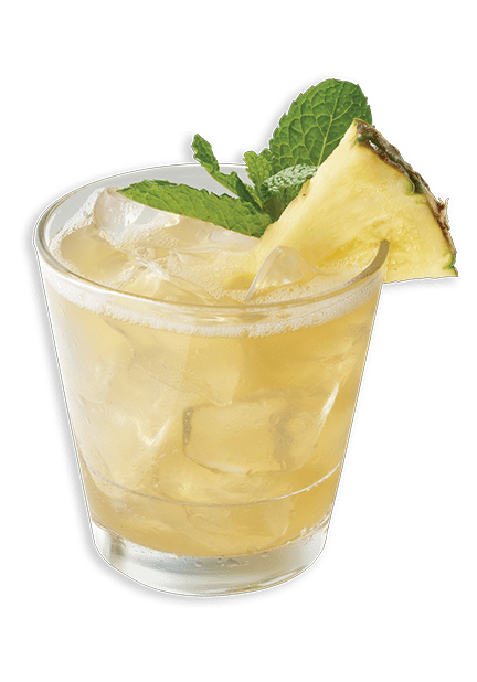 Pineapple smash cocktail in a rocks glass garnished with a sprig of mint and a pineapple slice