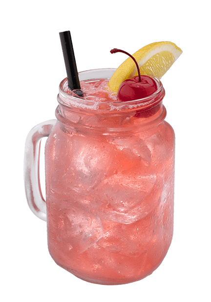 Pink Long Island iced tea with a black straw, a lemon wedge and a maraschino cherry