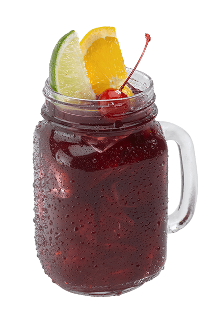 Dark red sangria in a mason jar glass with a handle topped with an orange and lime wedge and a maraschino cherry